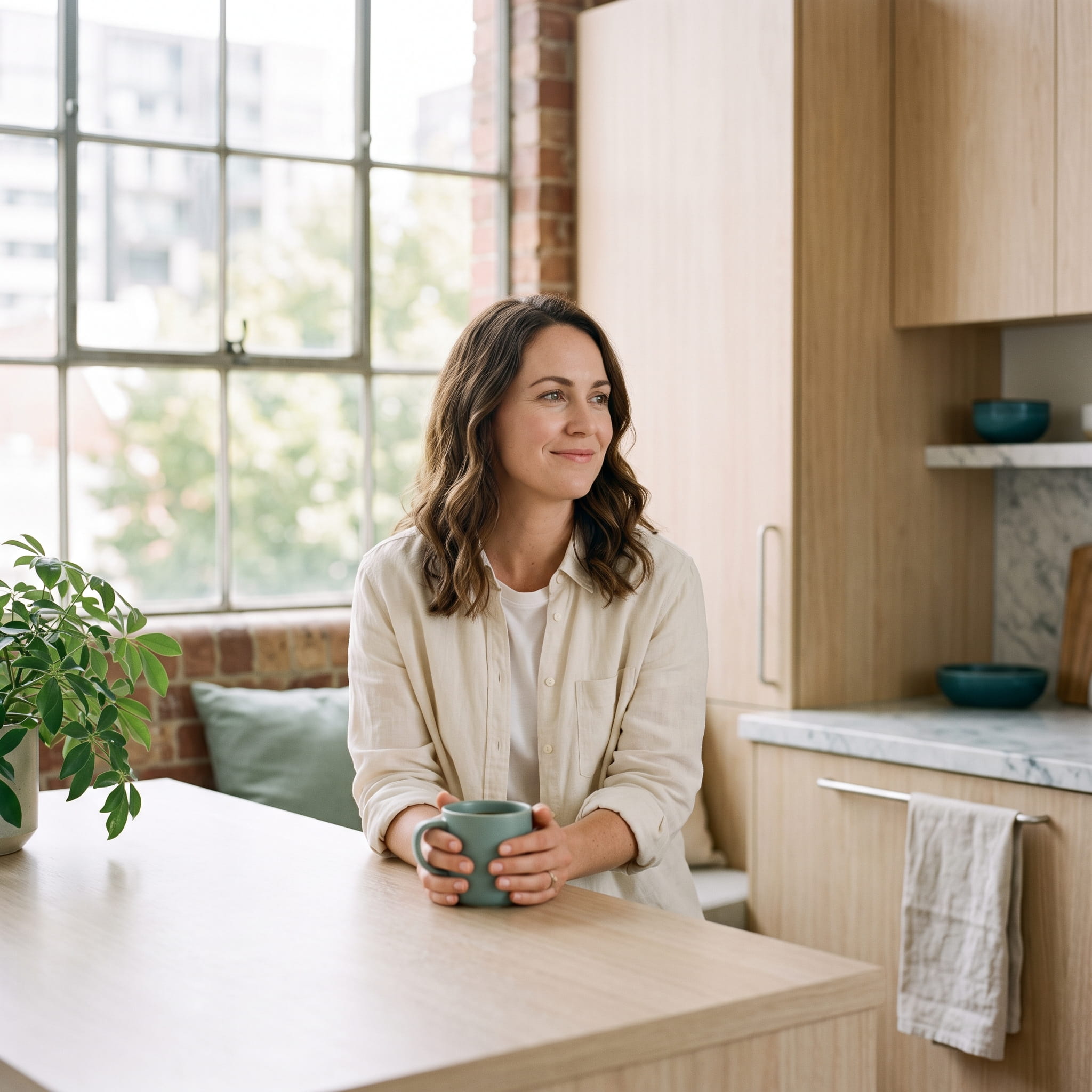 A woman relaxed at home with a coffee, the lifestyle she keeps while investing elsewhere